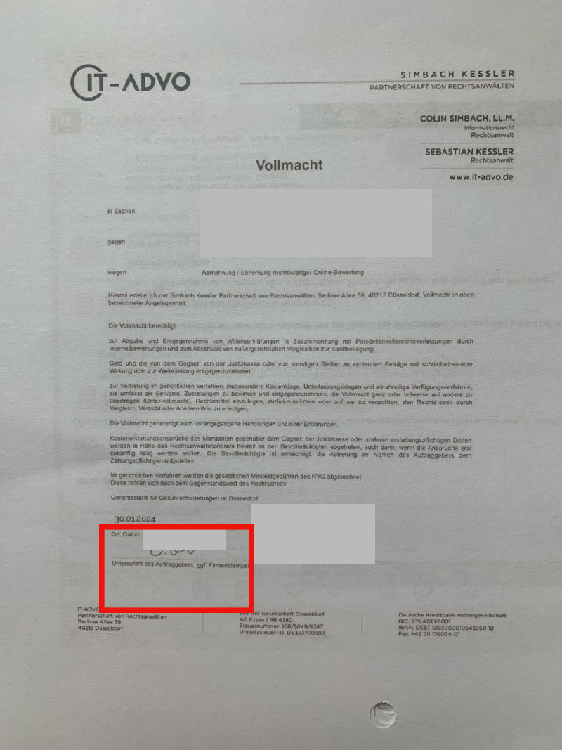 Fragewürdige Online-Vollmacht der Rechtsanwaltskanzlei IT-ADVO aus Düsseldorf