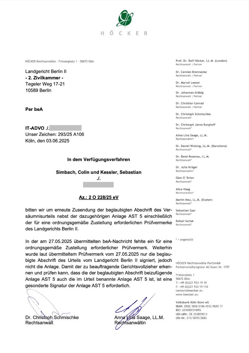 kanzlei-hoecker-koeln-verweist-auf-fehlende-anlage-ast5 Die Kanzlei Höcker verweist am 03.06.2025 auf das unvollständige Urteil und das Fehlen der Anlage AST5