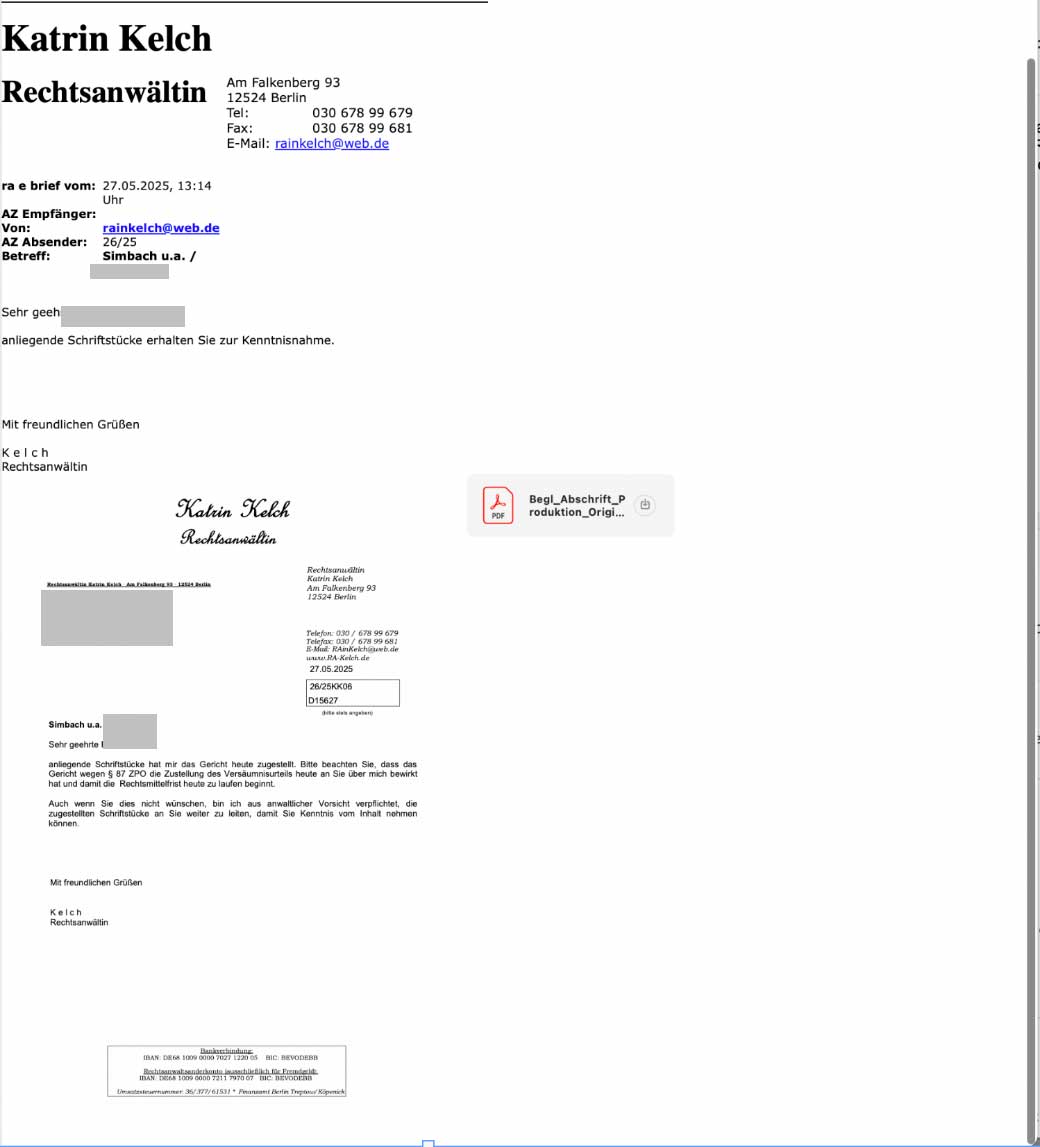 rechtsanwaeltin-katrin-kelche-uebermittelt-IT-ADVO-Urteil-ohne-Anlage Rechtsanwältin Katrin Kelch schreibt "anliegende Schriftstücke hat mir das Gericht heute zugestellt", vom Gericht ist aber nur ein PDF anhängt: Das nicht beglaubigte Urteil. Die Anlage AST 5 fehlt komplett
