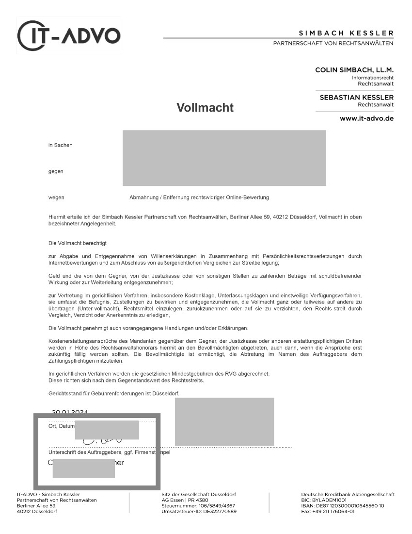 vollmacht-it-advo-mit-maschinen-name IT-ADVO-Vollmacht, wie sie versendet wurde mit Name in Druckbuchstaben unter der Unterschrift